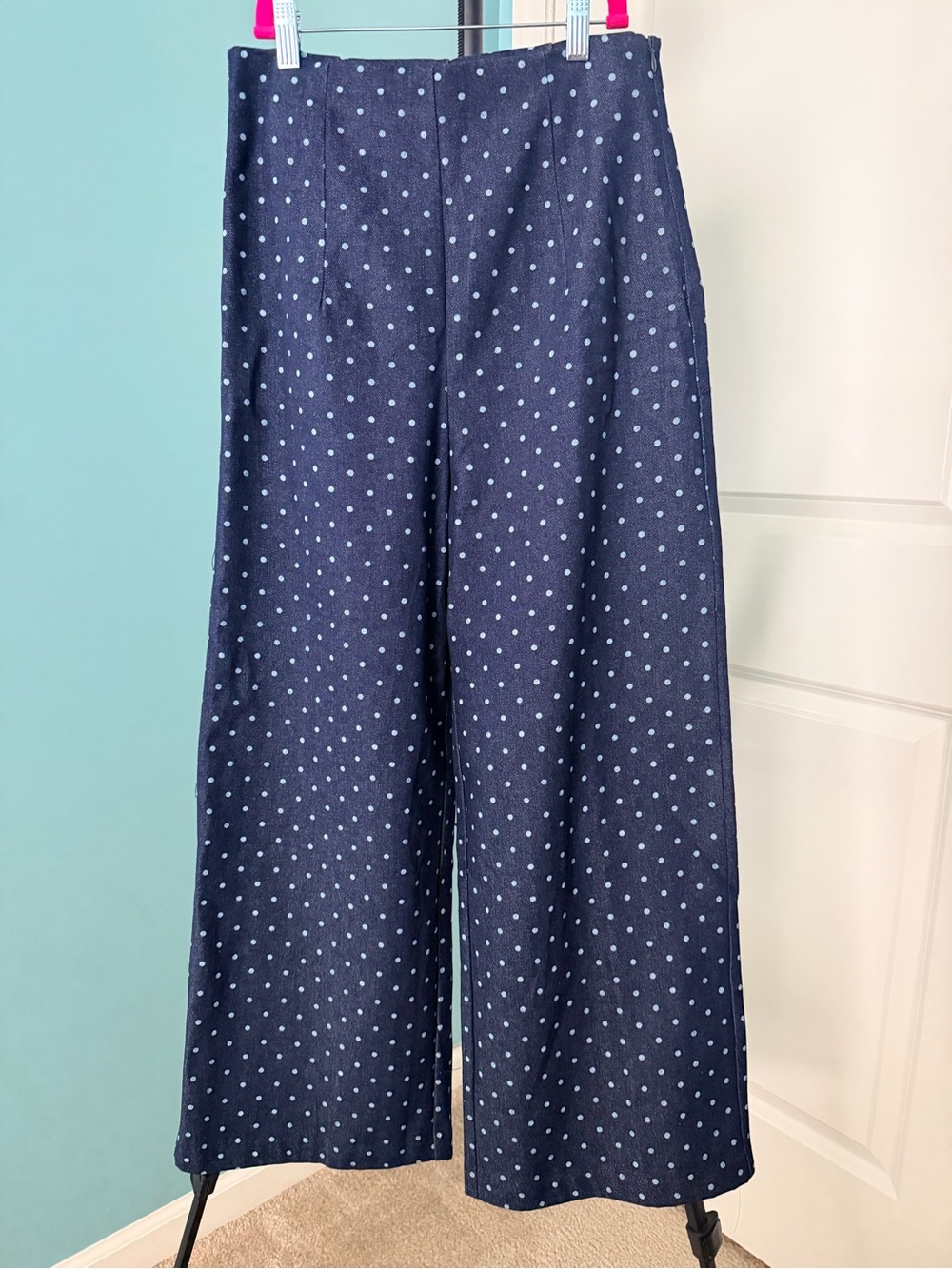 glam Navy Polka Dot Wide-Leg Soft Denim Pants
